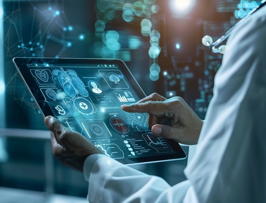 A person is using an iPad to access a data system.